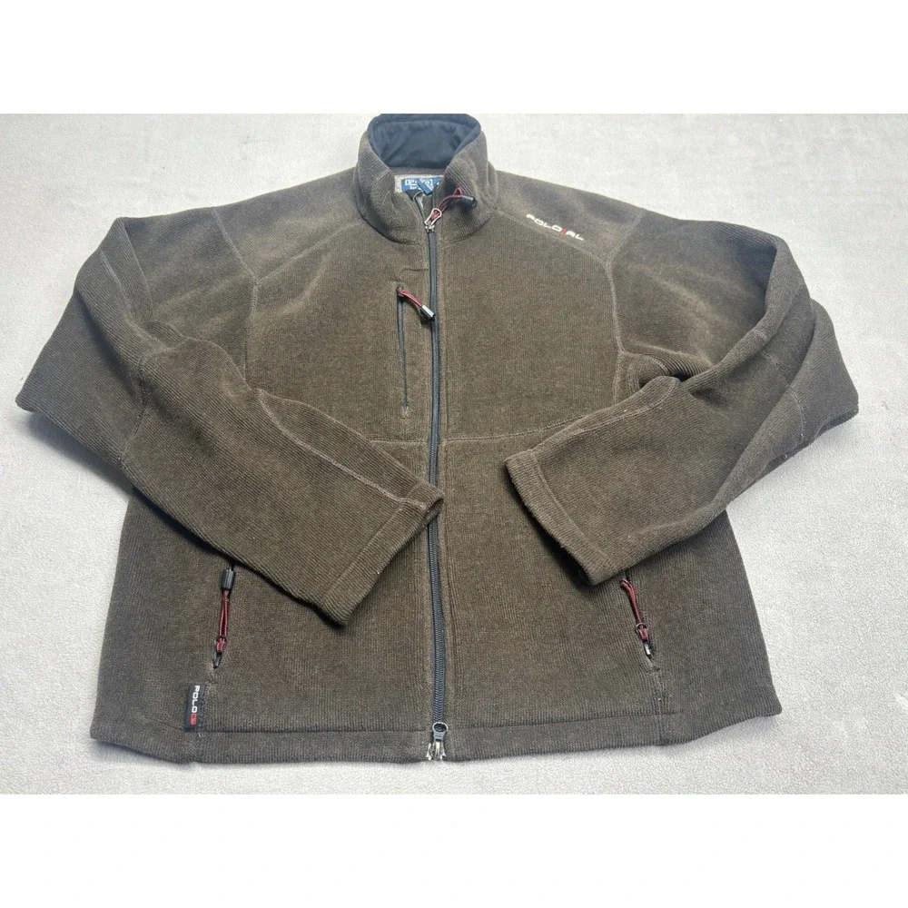 VTG Polo Ralph Lauren Mens Fleece Jacket Olive Brown Full Zip Mock Neck Large